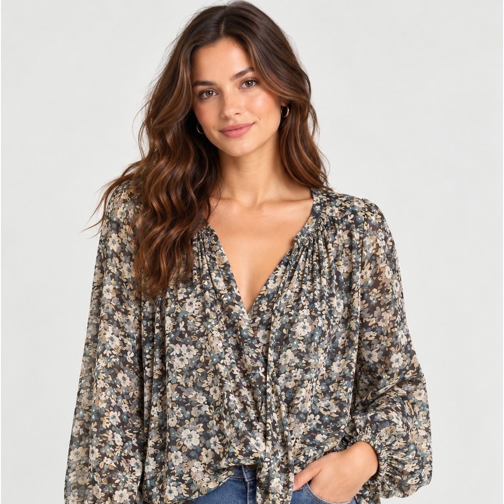 Joie Silk Floral V-Neck Draped Wrap Blouse Charcoal Teal Large J501-21300